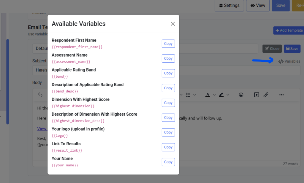 4- Results Email template variables