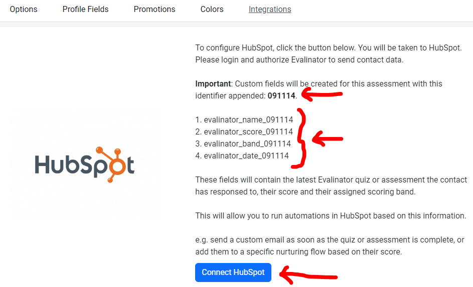 Connect your quiz to Hubspot integration with Evalinator