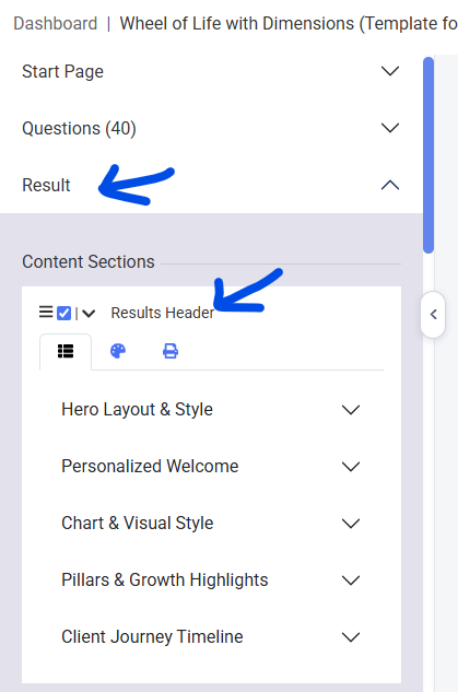 Quiz Results Page-results section config