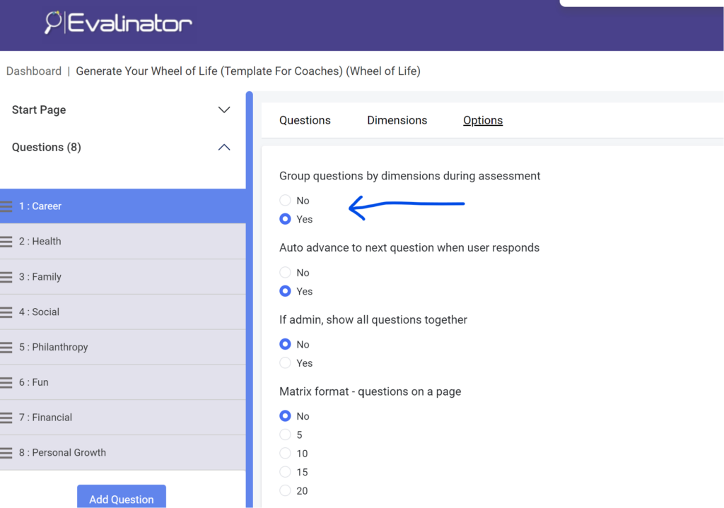 group questions by category or dimension