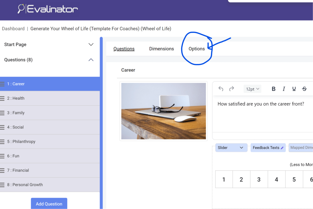 Accessing options within the questions tab
