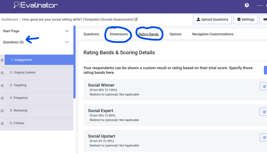 set rating bands and dimensions
