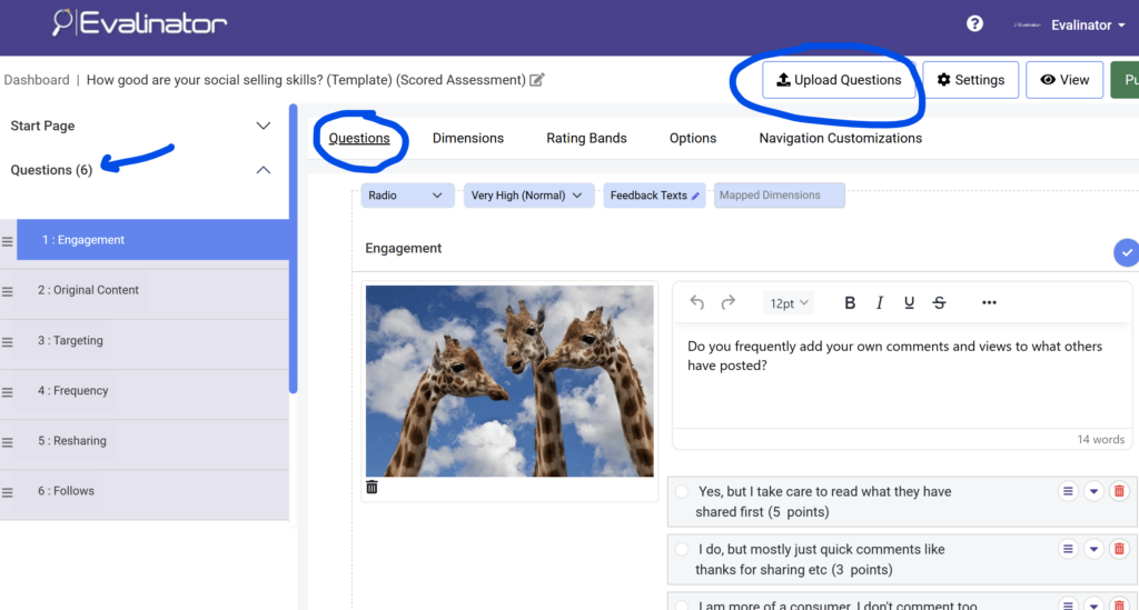 upload questions button